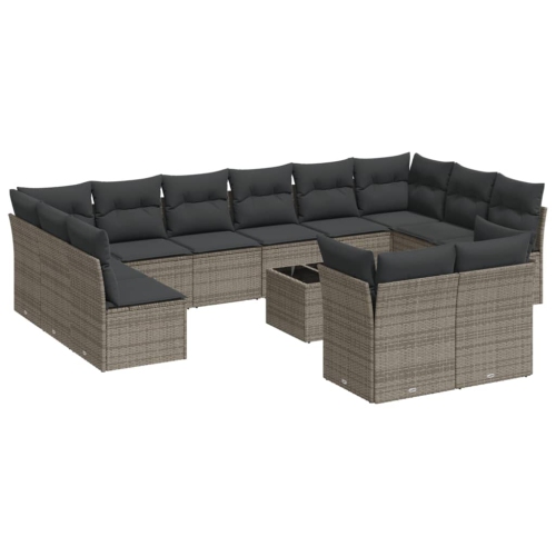 Ensemble de 13 pièces avec divan de jardin et coussins gris en rotin de polyester