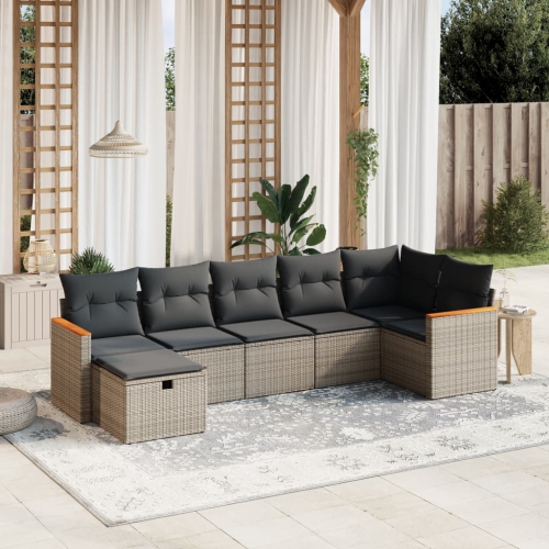 Ensemble de 7 pièces avec divan de jardin et coussins gris en rotin de polyester