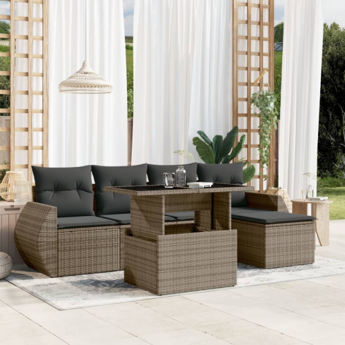 Ensemble de 6 pièces avec divan de jardin et coussins gris en rotin de polyester