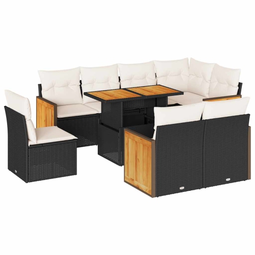 Ensemble de 9 pièces avec divan de jardin et coussins en poly/rotin/acacia noir VidaXL