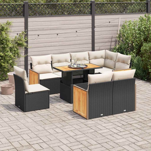 Ensemble de 9 pièces avec divan de jardin et coussins en poly/rotin/acacia noir VidaXL