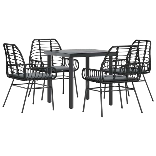 vidaXL 5 Piece Garden Dining Set with Cushions Black Poly Rattan Glass