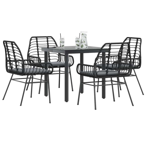 vidaXL 5 Piece Garden Dining Set with Cushions Black Poly Rattan Glass