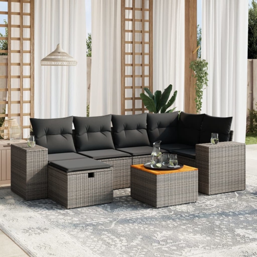 Ensemble de 7 pièces avec divan de jardin et coussins gris en rotin de polyester