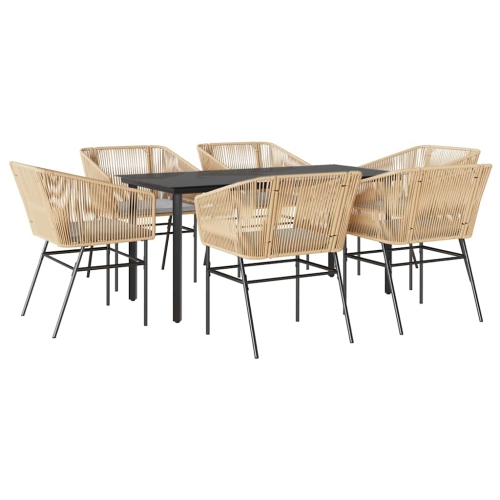 vidaXL 7 Piece Garden Dining Set with Cushions Brown Poly Rattan Glass