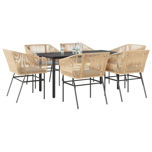 vidaXL 7 Piece Garden Dining Set with Cushions Brown Poly Rattan Glass