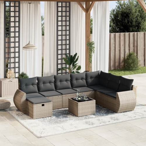 Ensemble de 9 pièces avec divan de jardin et coussins gris en rotin de polyester