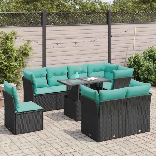 Ensemble de 9 pièces avec divan de jardin et coussins en poly/rotin/acacia noir VidaXL