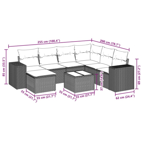 Ensemble de 8 pièces avec canapé de jardin et coussins en rotin de polyester noir VidaXL