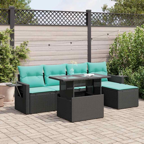 vidaXL 6 Piece Garden Sofa Set with Cushions Black Poly Rattan Acacia