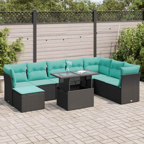 vidaXL 9 Piece Garden Sofa Set with Cushions Black Poly Rattan Acacia