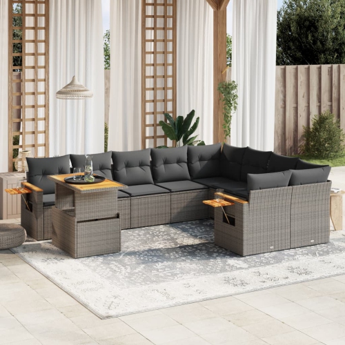 Ensemble de 10 pièces avec divan de jardin et coussins gris en rotin de polyester