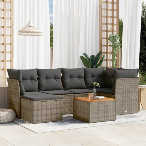 Ensemble de 7 pièces avec divan de jardin et coussins gris en rotin de polyester