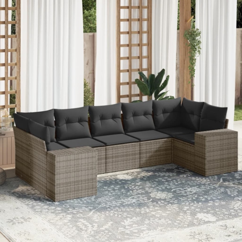 Ensemble de 7 pièces avec divan de jardin et coussins gris en rotin de polyester