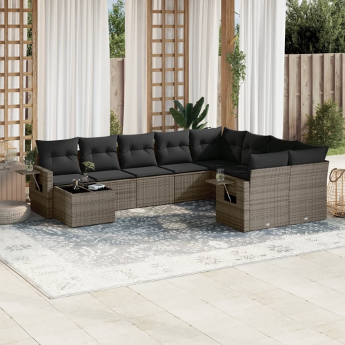 vidaXL 10 Piece Garden Sofa Set with Cushions Grey Poly Rattan