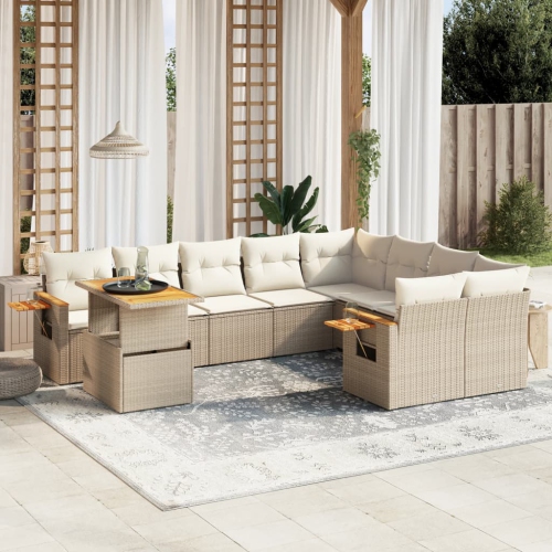 Ensemble de 10 pièces avec divan de jardin et coussins en rotin polyester beige VidaXL