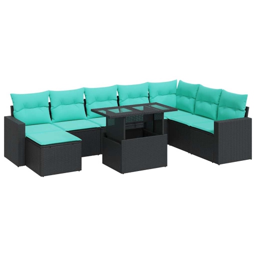 vidaXL 9 Piece Garden Sofa Set with Cushions Black Poly Rattan Acacia