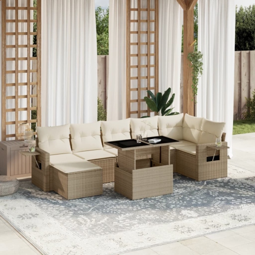 Ensemble de 8 pièces avec divan de jardin et coussins en rotin polyester beige VidaXL