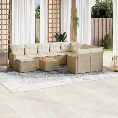 Ensemble de 11 pièces avec divan de jardin et coussins en rotin polyester beige VidaXL