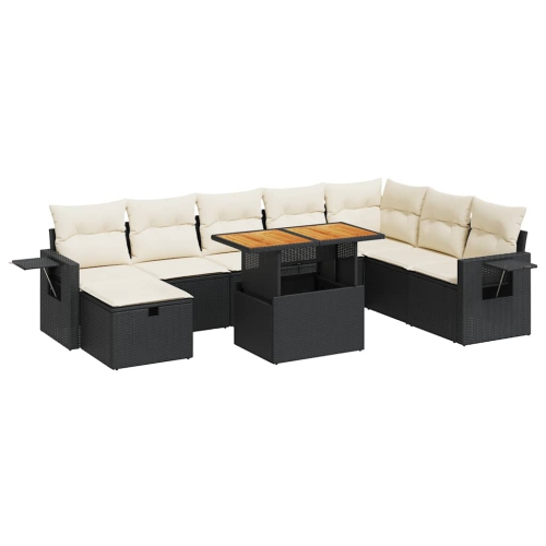 Ensemble de 9 pièces avec divan de jardin et coussins en poly/rotin/acacia noir VidaXL