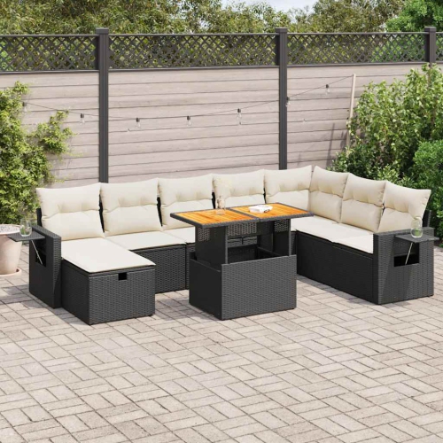 Ensemble de 9 pièces avec divan de jardin et coussins en poly/rotin/acacia noir VidaXL