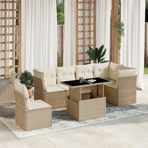 Ensemble de 7 pièces avec divan de jardin et coussins en rotin polyester beige VidaXL