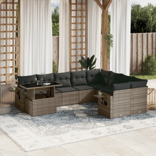 vidaXL 10 Piece Garden Sofa Set with Cushions Grey Poly Rattan