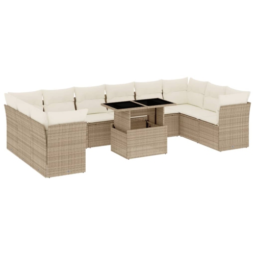 Ensemble de 11 pièces avec divan de jardin et coussins en rotin polyester beige VidaXL