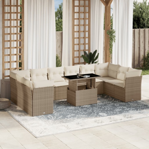Ensemble de 11 pièces avec divan de jardin et coussins en rotin polyester beige VidaXL