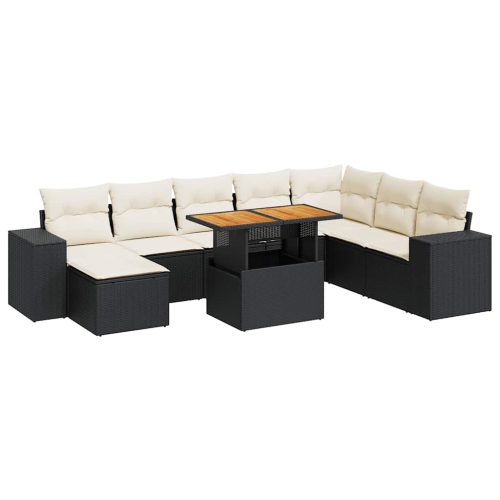 Ensemble de 9 pièces avec divan de jardin et coussins en poly/rotin/acacia noir VidaXL