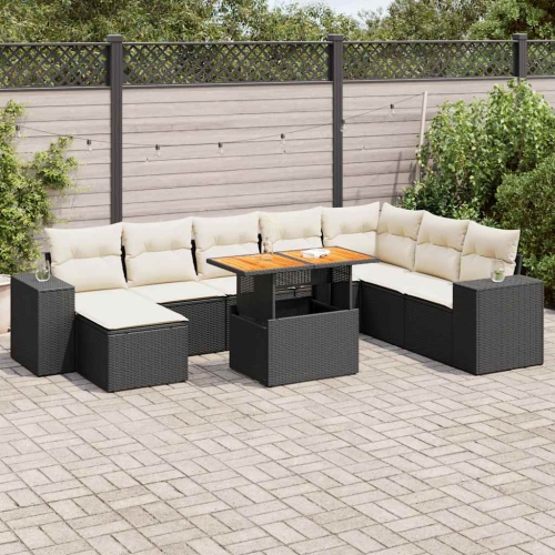 Ensemble de 9 pièces avec divan de jardin et coussins en poly/rotin/acacia noir VidaXL