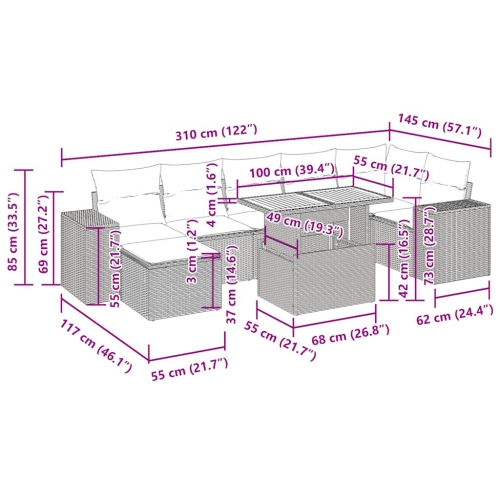 Ensemble de 9 pièces avec divan de jardin et coussins en poly/rotin/acacia noir VidaXL