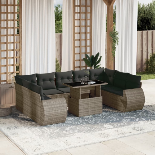 vidaXL 10 Piece Garden Sofa Set with Cushions Grey Poly Rattan