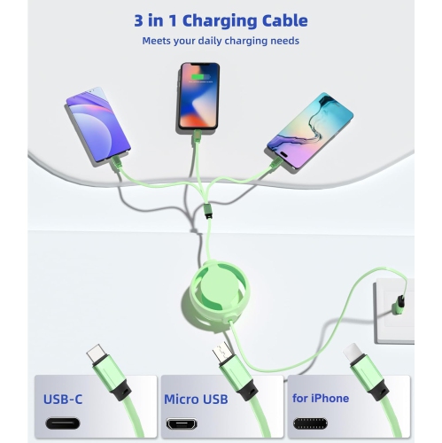 Câble de données à chargement rapide 3-en-1 de Liquid Câble de chargement rétractable à trois têtes adapté aux téléphones mobiles Apple Android
