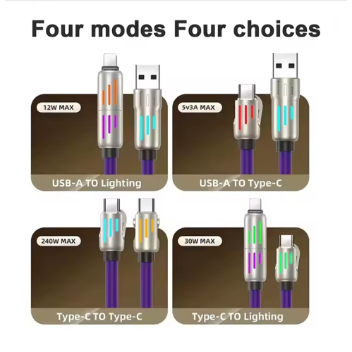 240w 4-en-1 LED léger super rapide câble de données adapté pour Apple 27w Huawei Android typec-black 65 W-12 W super rapide recharge 2