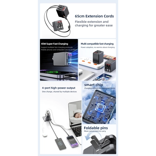 Charger 84W with retractable cable fast charging head for Apple mobile phone charging head 84W four-port travel wall fast charger with retractable