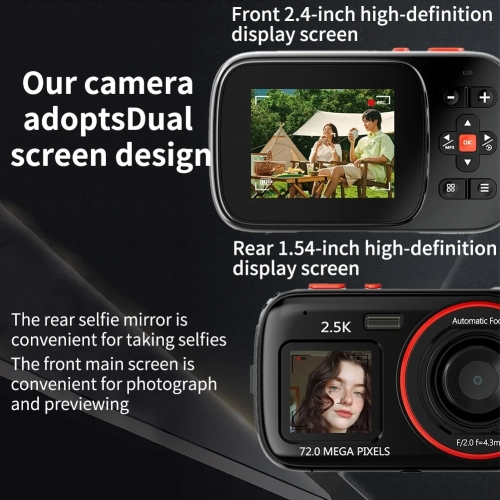 Dual-screen HD digital camera, 16x digital zoom, auto focus, 1.54-inch HD display, 720,000-pixel HD camera, suitable for travel and portable