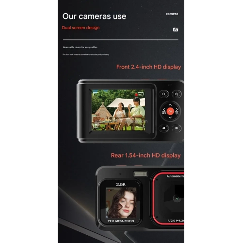 Dual-screen Selfie HD pixel camera, 72-megapixel HD digital camera, 2.4-inch front, 1.5-inch rear, dual-screen student MP3 player, music player,