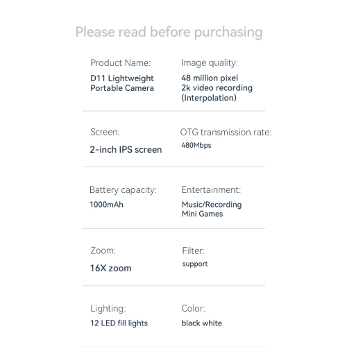 D11 HD 48MP Mini SLR Digital Camera Dual Camera Beauty Light Selfie Video Recording CCD Camera - D11 Black Standard 32G Memory Card + Card Reader +