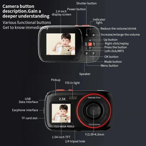 Dual-screen HD digital camera, 16x digital zoom, auto focus, 1.54-inch HD display, 72-megapixel HD camera, suitable for travel and portable shooting