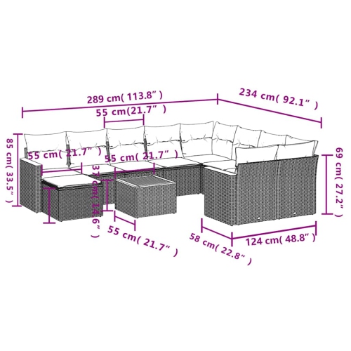 Ensemble de 11 pièces avec canapé de jardin et coussins en rotin de polyester noir VidaXL