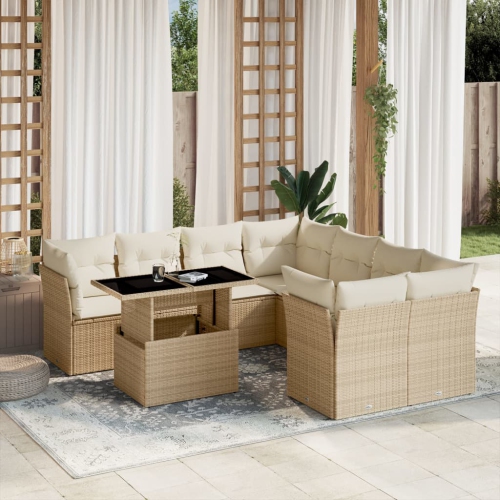 Ensemble de 9 pièces avec divan de jardin et coussins en rotin polyester beige VidaXL