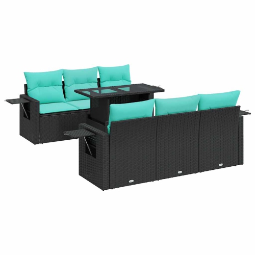 Ensemble de 7 pièces avec divan de jardin et coussins en poly/rotin/acacia noir VidaXL