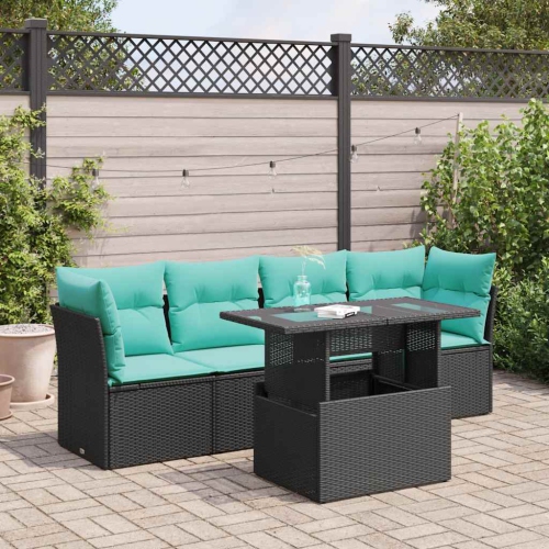 Ensemble de 5 pièces avec divan de jardin et coussins en poly/rotin/acacia noir VidaXL