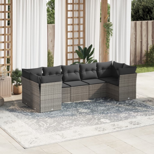 Ensemble de 7 pièces avec divan de jardin et coussins gris en rotin de polyester