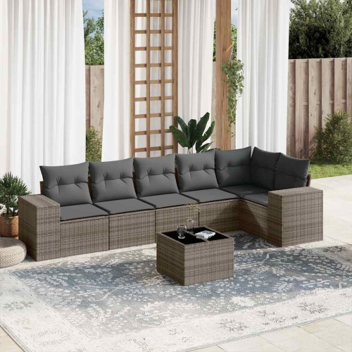 Ensemble de 7 pièces avec divan de jardin et coussins gris en rotin de polyester