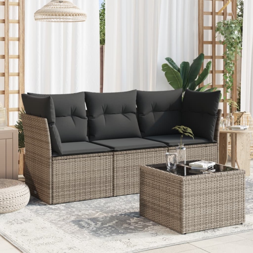 Ensemble de 4 pièces avec divan de jardin et coussins gris en rotin de polyester