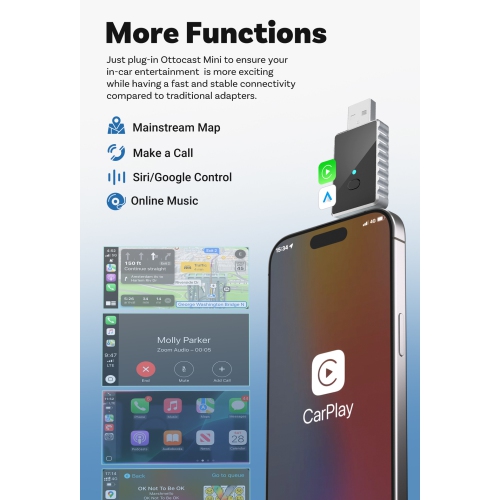 Wireless CarPlay and Android Auto Adapter, 5GHz WiFi and Bluetooth 5.0, Plug and Play, Small USB Size - Compatible with most vehicles' in-car carplay