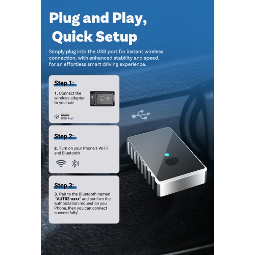 Wireless CarPlay and Android Auto Adapter, 5GHz WiFi and Bluetooth 5.0, Plug and Play, Small USB Size - Compatible with most vehicles' in-car carplay