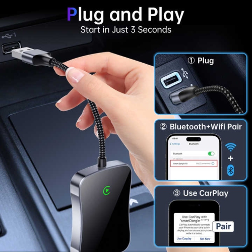 Wireless CarPlay Adapter for iPhone - Wireless Adapter, Wired to Wireless, Small Size, Plug and Play, Universal Compatibility